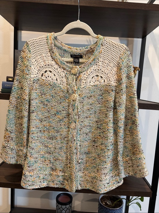 BCBGMaxAzria Sweaters - Bcbgmaxazria Boho Cream Multicolor Crochet Yoke Buttoned Cardigan Large